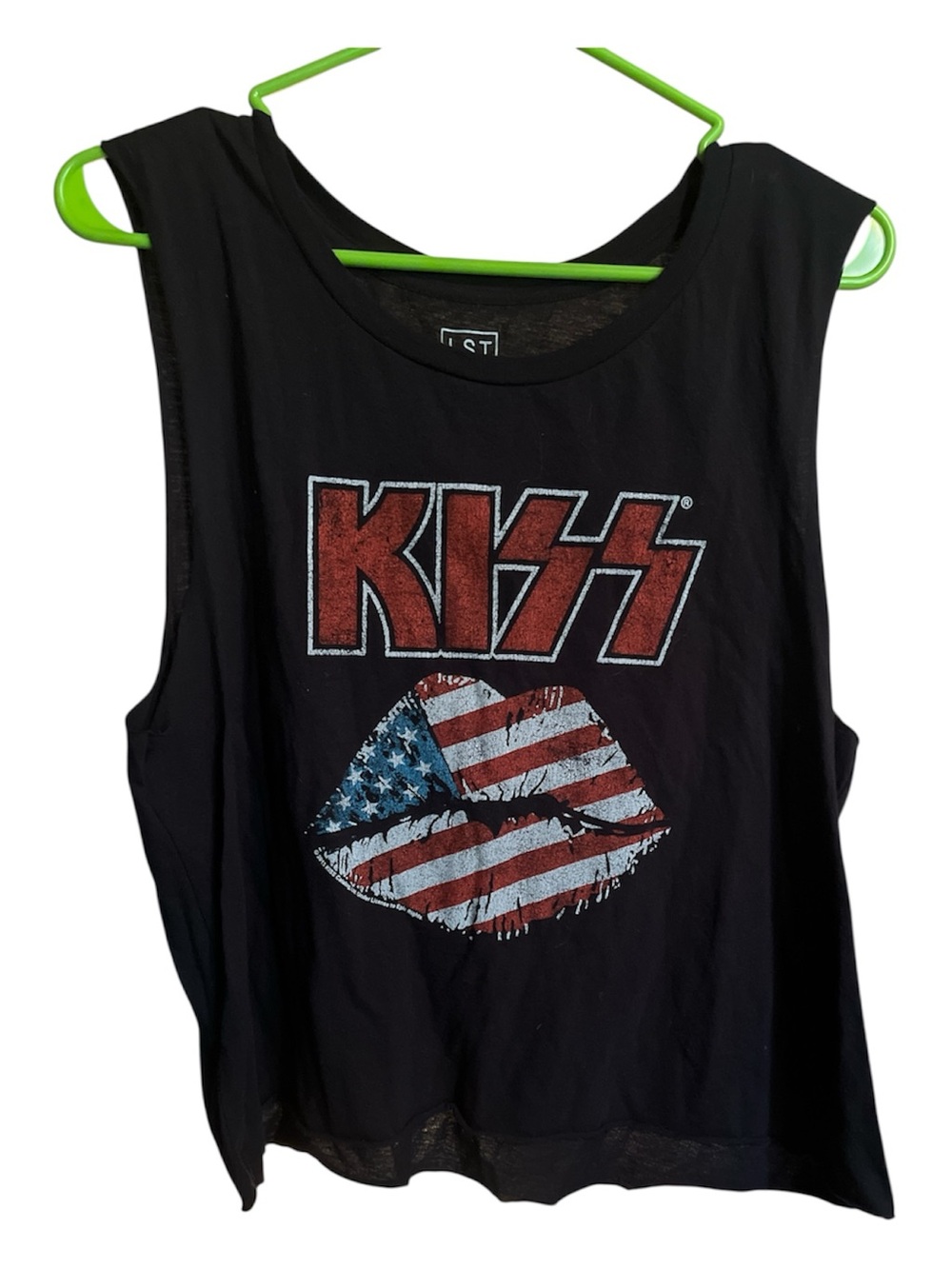 Kiss Black Tank Top with Red Logo and American Flag Lips